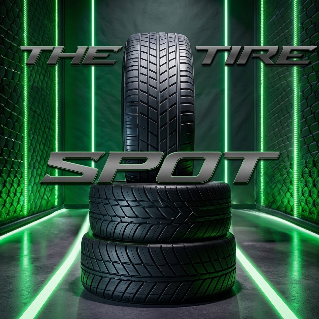 Three stacked new tires in front of a glowing green Tire Spot logo backdrop